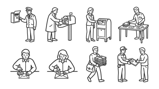 Mail Delivery Service: A collection of line art illustrations depicting various aspects of postal services, including sending and receiving mail, mail carriers, and mailboxes.