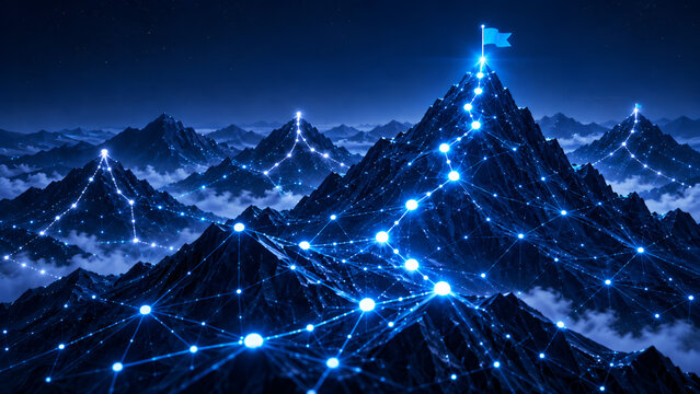 Strategic planning and digital transformation concept showing a glowing network path leading to a mountain peak goal