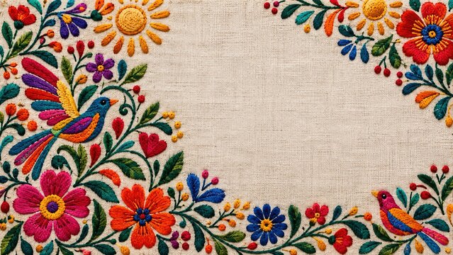 Colorful embroidered textile frame featuring floral and bird designs showcasing rich hispanic cultural heritage