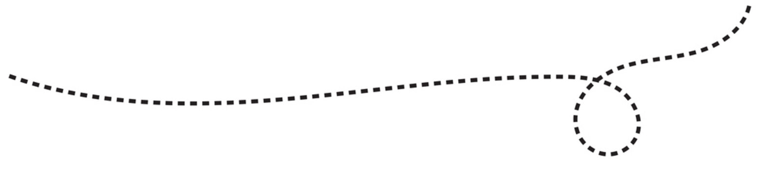 Dotted line path showing a winding route between two map location pins, one black and one red, isolated on transparent background