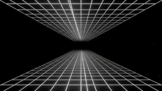 Abstract digital tunnel with glowing white grid lines in dark space