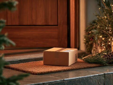 Christmas parcel left on doormat for contactless home delivery