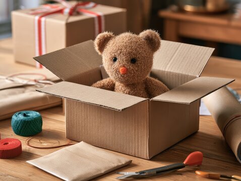 Open cardboard box with children&rsquo;s toy and wrapping materials for Christmas delivery