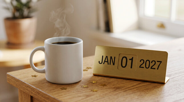 Steaming Coffee Cup on Wooden Table Next to a Golden Calendar Showing January 1, 2027