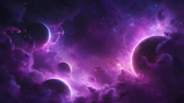 Purple Halloween Background with Glowing Planet, Crescent Moon, Cosmic Galaxy, Nebula Cloud, Luminous Star Field, Mysterious Celestial Space Scene, Dramatic Violet Fantasy Atmosphere