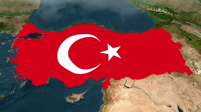 Satellite map animation of Turkey with moving clouds, growing ink-shape waving flag of the country, white outline indicating the border. Highlighted territory.