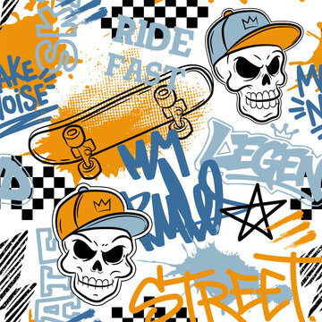Seamless pattern with skull and skateboards on white background.  Print for young boy