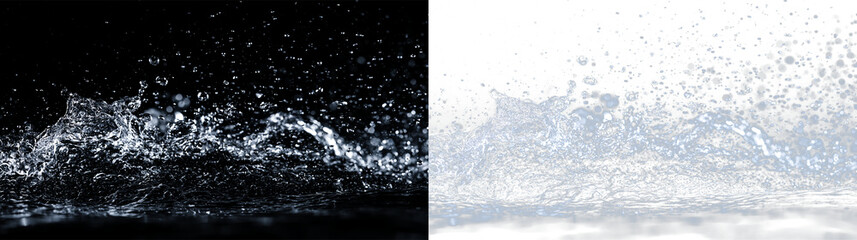Obraz premium Panoramic water splash with mist and flying droplets on transparent background. Wide liquid wave overlay
