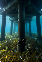 Fototapeta premium Marine conservation and ocean pollution, underwater view of pier pilings with seagrass and barnacles in clear blue water for environmental awareness