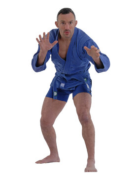 Martial arts fighter wearing blue kimono isolated on transparent layered background.
