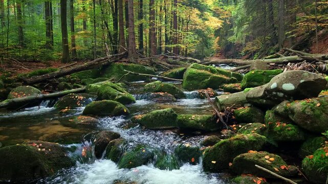 Golden Autumn Creek 4K. Scenic Autumn Forest River with Mossy Rocks and Fallen Leaves 4K. Serene Autumn River Flowing Through Vibrant Golden Forest with Fresh Water and Mossy Rocks