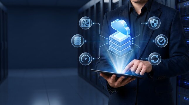 Man in suit using tablet to manage cloud server infrastructure with data security and performance icons in data center background