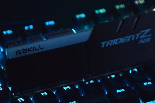 A package of G.Skill ddr 5 trident z 4 rgb desktop memory on light background.