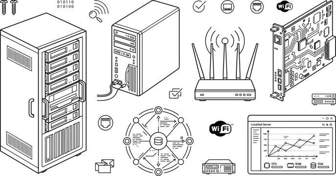 Computer server rack network icon set with router pc motherboard database and dashboard line art vector illustration background