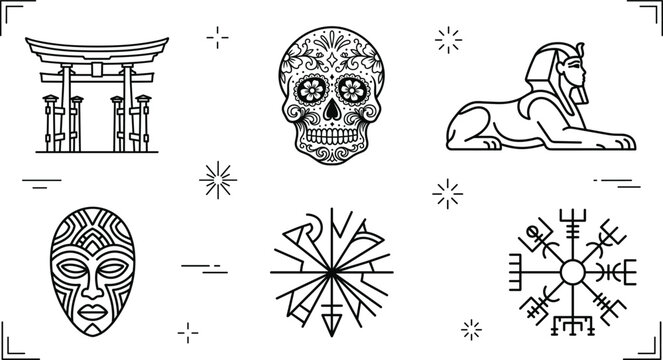 Cultural heritage global symbols icon set with torii gate sphinx sugar skull mask and runes line art vector