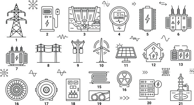 Electric power grid energy icon set with wind turbine solar panel transformer dam pylon line art vector background