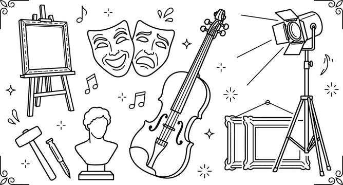 Fine arts theater and music icon set with easel violin drama masks spotlight sculpture frames line art vector