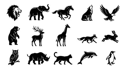 Obraz premium Wildlife Animals Silhouettes Vector Icons Set. Nature Fauna Black and White Glyph Collection.