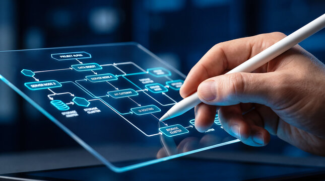Hand using stylus to draw flowchart on transparent digital screen, technology concept