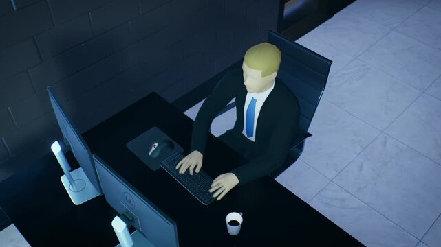 Low poly businessman working at office computer desk