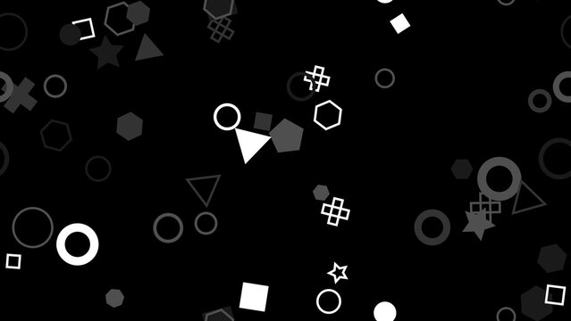 pattern geometric horizontal Abstract Geometric Shapes Seamless Pattern Dark Background White and Gray Figures Circles Squares Stars Hexagons Triangles
