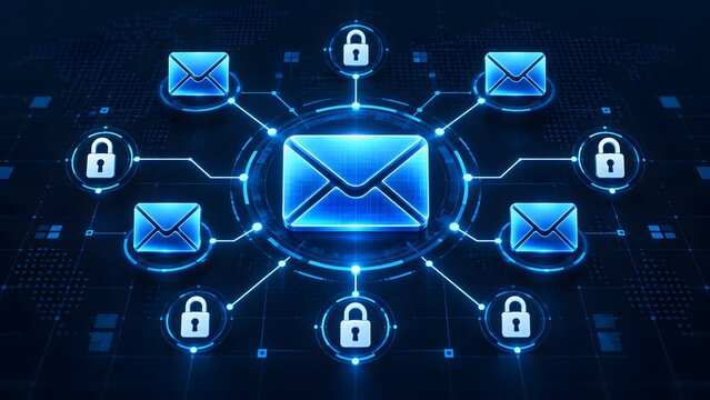 Glowing digital envelope connected to padlocks on a network grid representing secure email encryption and communication privacy