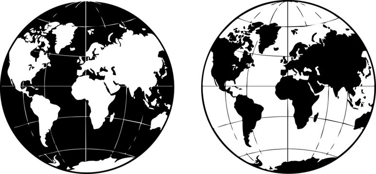 Black and white world map globes with grid lines Vector