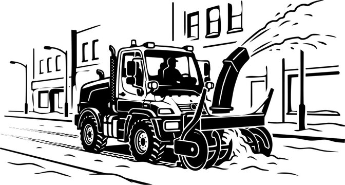 Black and white of a snow blower clearing a downtown city street
