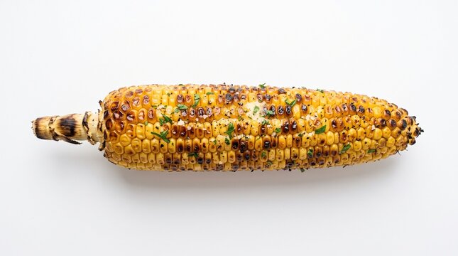 Delicious grilled corn on the cob seasoned with herbs and salt, presented on a clean white background