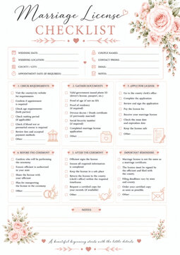 Elegant wedding marriage license checklist with floral decoration, detailed steps, forms, and reminders for couples, perfect for planning and organizing your special day.