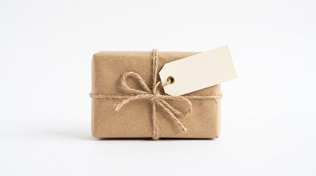 Brown Kraft Paper Gift Box Tied With Twine And Blank Tag On White Background