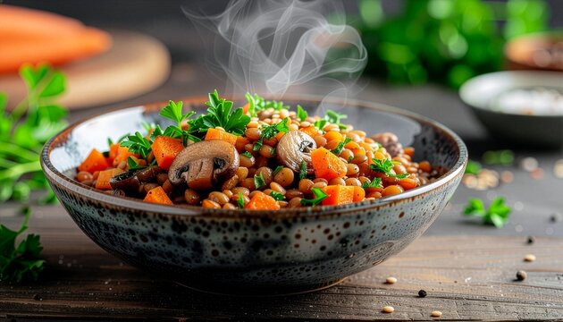 Steaming hot Lentil stew with mushrooms, carrots, and fresh parsley in a ceramic bowl on a rustic wooden table