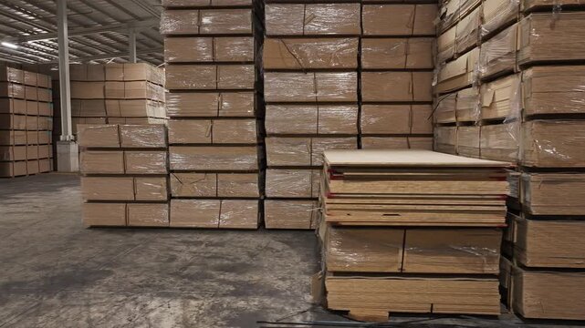 Aerial view of stacked plywood panels in a warehouse, Georgia.
