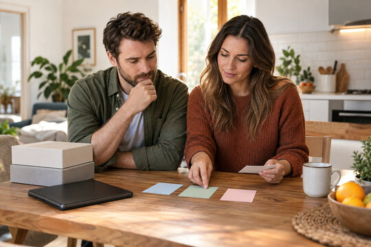 Couple Planning Together: A thoughtful couple sits at a wooden table, surrounded by colorful sticky notes and a laptop, actively engaged in planning and decision-making.