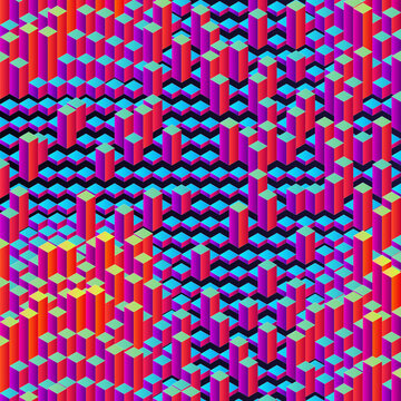 Abstract Isometric Cube Towers Pattern With Vibrant Neon Geometric Background