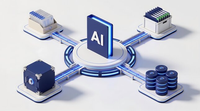 Artificial intelligence network connecting data storage secure vault and information processing units with glowing blue energy conduits representing digital transformation and advanced technology.