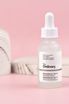 The ordinary cosmetics on the pink background.