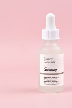The ordinary cosmetics on the pink background.