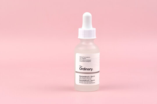 The ordinary cosmetics on the pink background.
