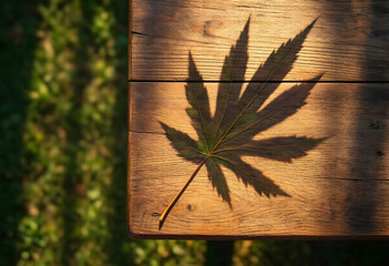 Obraz premium Cannabis legalization and medical marijuana concept, hemp leaf shadow cast on rustic wooden table in garden with natural sunlight and organic texture