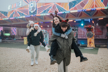 Naklejka premium A young couple share a piggyback ride while wearing reindeer antlers at a Christmas carnival. Other friends follow behind, laughing beneath colorful fair lights.