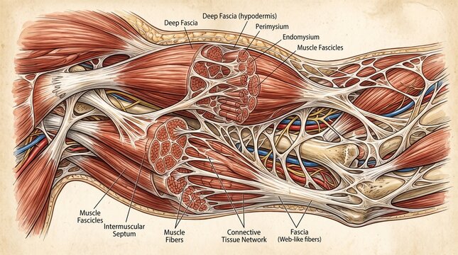 Anatomical Drawing of Muscle Fibers and Deep Fascia Network