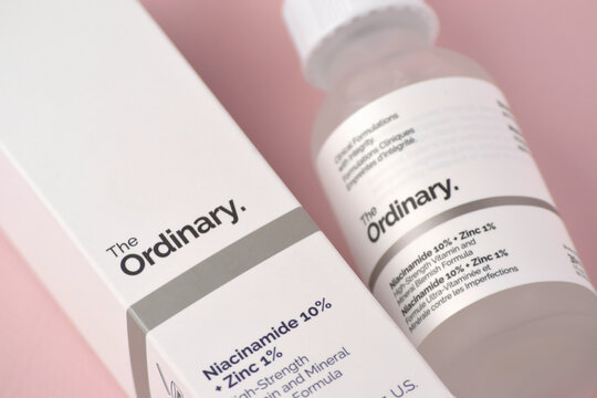 The ordinary cosmetics on the pink background.