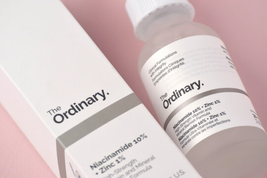 The ordinary cosmetics on the pink background.