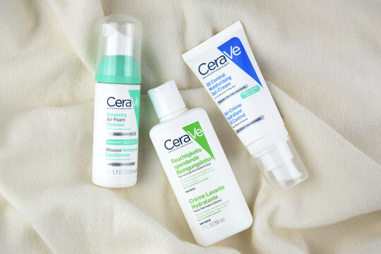 CeraVe cosmetics in the white package on the pink background.