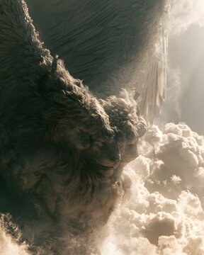 Biblical cherubim angel with multiple lion faces and wings emerging from clouds in a divine celestial manifestation