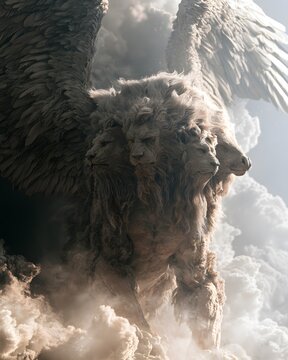 Majestic threeheaded winged lion creature emerging from ethereal clouds in a cinematic fantasy atmosphere