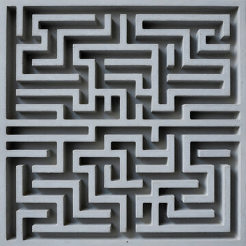 Problem solving and complexity, stone maze labyrinth with intricate paths for business strategy and decision making challenges in a top down view
