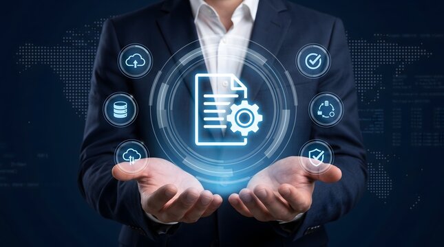 Businessman holding a digital interface with document and gear icons representing workflow automation data management and cloud services on a dark blue background with world map overlay.