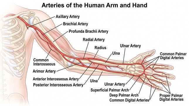 Anatomical Diagram of Arteries in the Human Arm and Hand